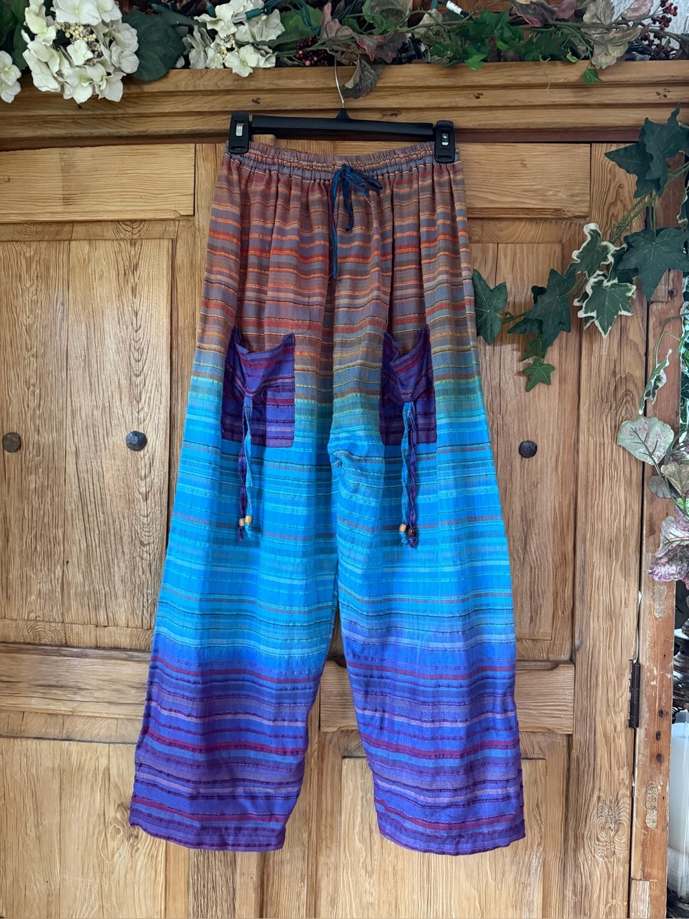 Bohemian Gradient Stripe Lounge Pants in Blue and Purple with patch pockets